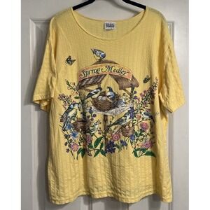 Vintage 90s Basic Editions Bird House Garden Flowers T Shirt Womens Sz 1X Yellow